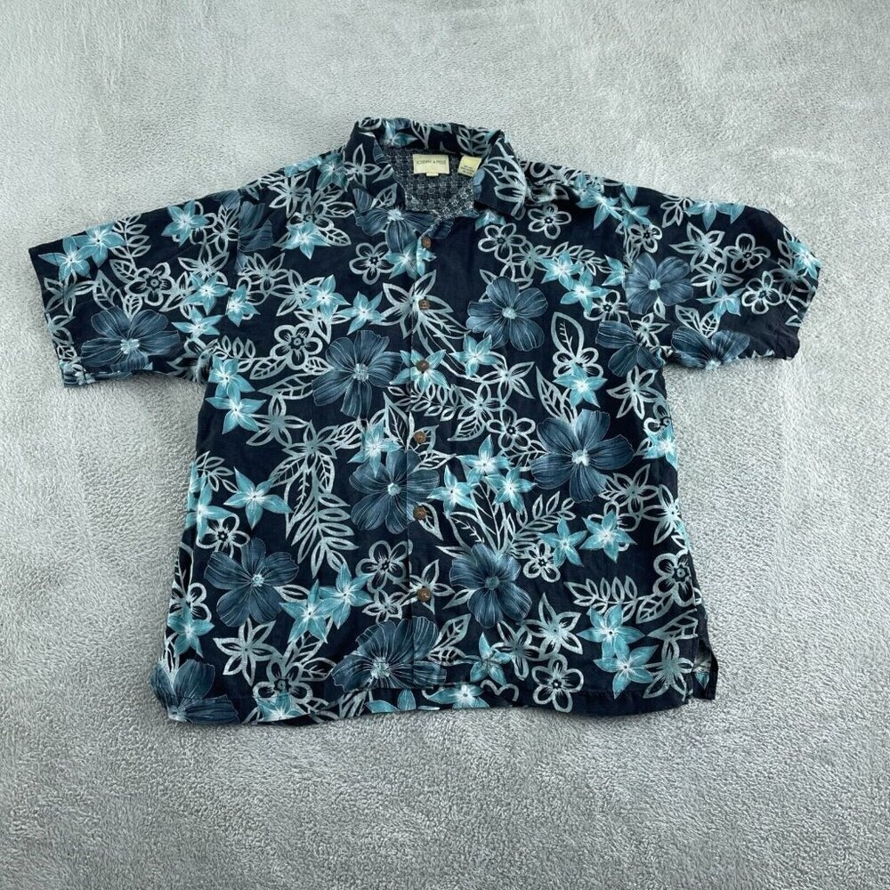 Joseph & Feiss Mens Large Hawaiian Silk Floral Short Sleeve Shirt Blue & White 5